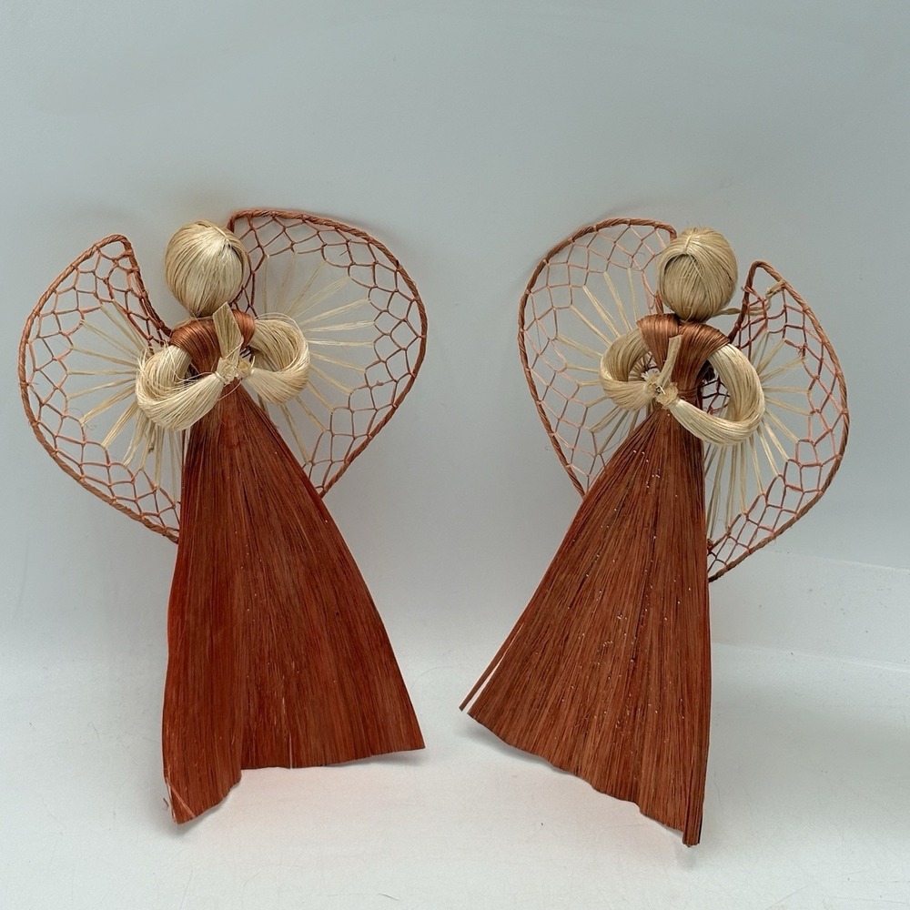 Vintage Corn Husk Angel Ornaments Lot 2 Handmade Folk Art Christmas 9.5"